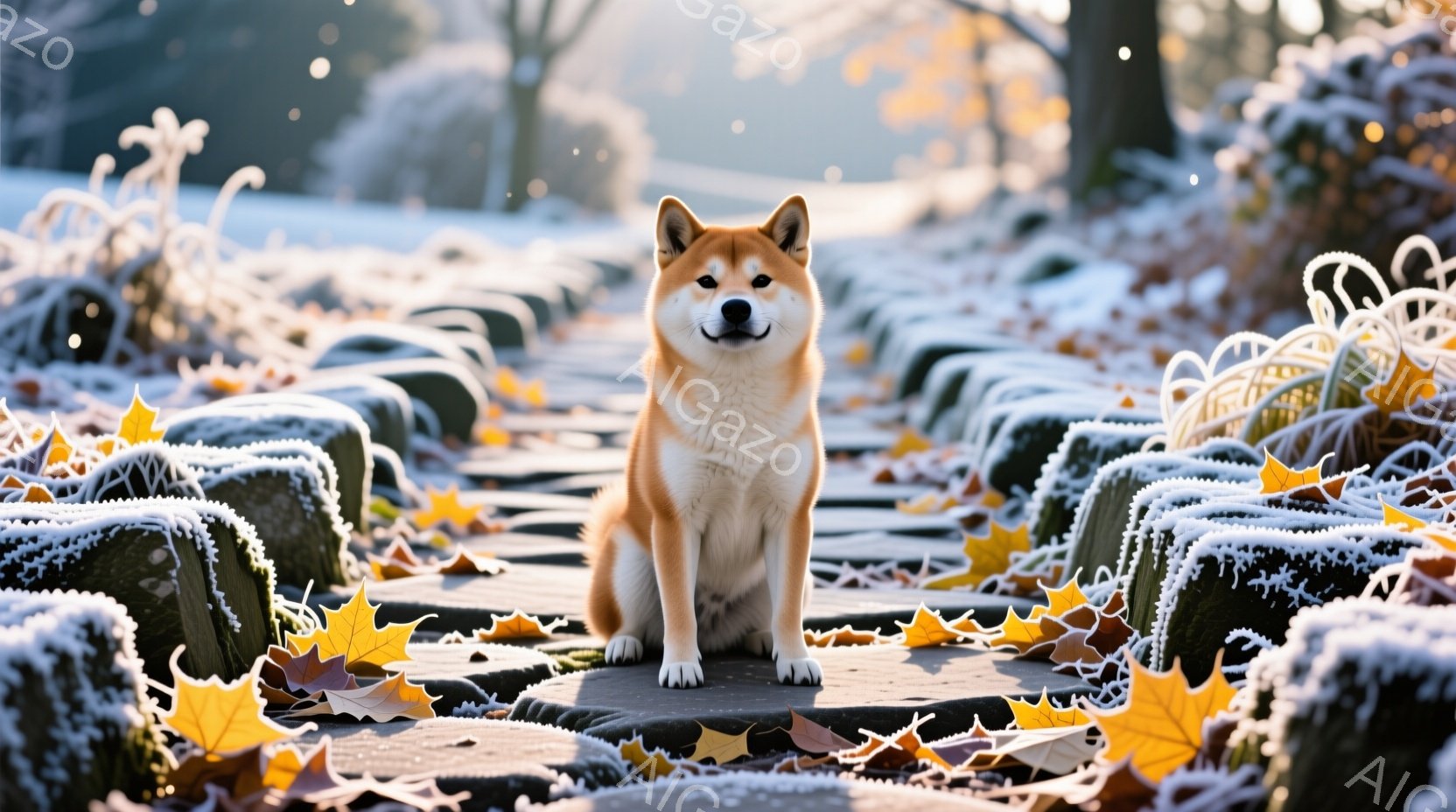 柴犬が、霜で覆われた石畳の道に座っています。犬は正面を向き、穏やかな表情でカメラを見つめており、白い足と茶色の毛並みが鮮やかです。背景には霜で覆われた緑の茂みが並び、冬の冷たく静かな雰囲気を醸し出して - AI生成フリー素材