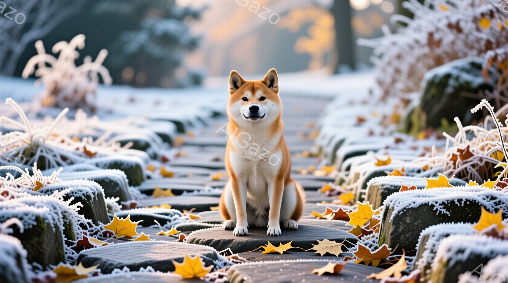柴犬が石畳の上に座り、正面を見つめています。背景には霜で覆われた植物が広がり、地面には散った黄色の葉が点在しており、冬の冷たい空気を感じさせます。全体的に、静かで穏やかな、冬の日の暖かさを感じさせる光 - AI生成フリー素材