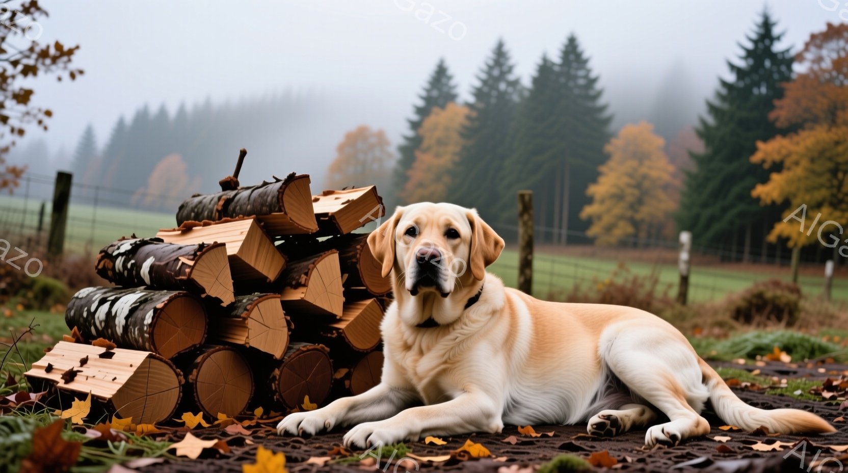 クリーム色のラブラドール・レトリバーが、切り株の積み重ねの横に横たわっています。背景には、緑と黄色の木々が立ち並び、薄暗い天候で全体的に穏やかな雰囲気です。地面には落ち葉が散らばり、秋の訪れを感じさせ - AI生成フリー素材