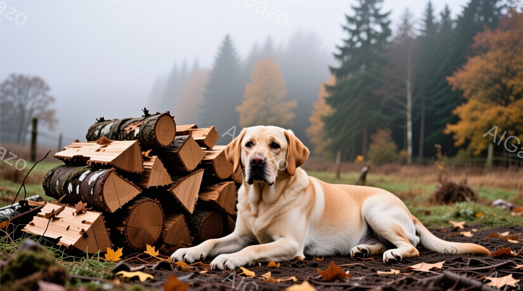 クリーム色のラブラドール・レトリバーが、切り倒された木の幹の山に隣接して横たわっています。背景には、緑と黄色の木々が広がる森があり、地面には落ち葉が散らばっています。全体的に穏やかで、秋の森の中の静け - AI生成フリー素材