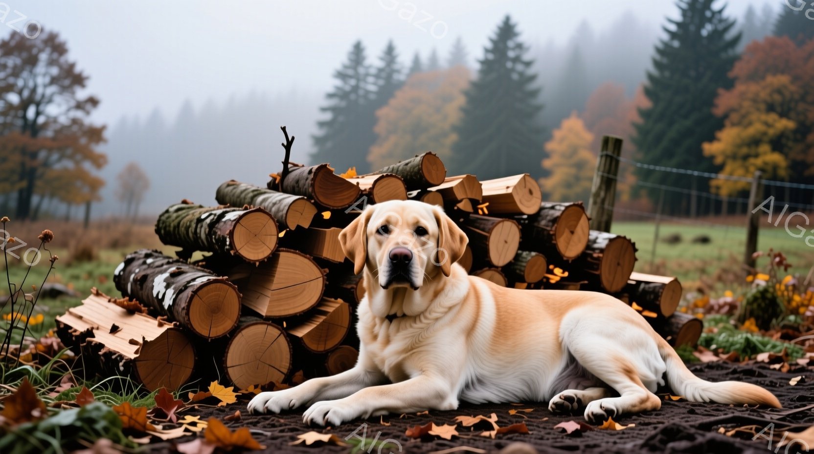 クリーム色のラブラドール・レトリバーが、切り株の山の上に横たわってこちらを見ています。背景には緑の牧草地、木々が生い茂る森、そして薄い霧が漂う秋の風景が広がっています。落ち葉が地面に散らばり、全体的に - AI生成フリー素材