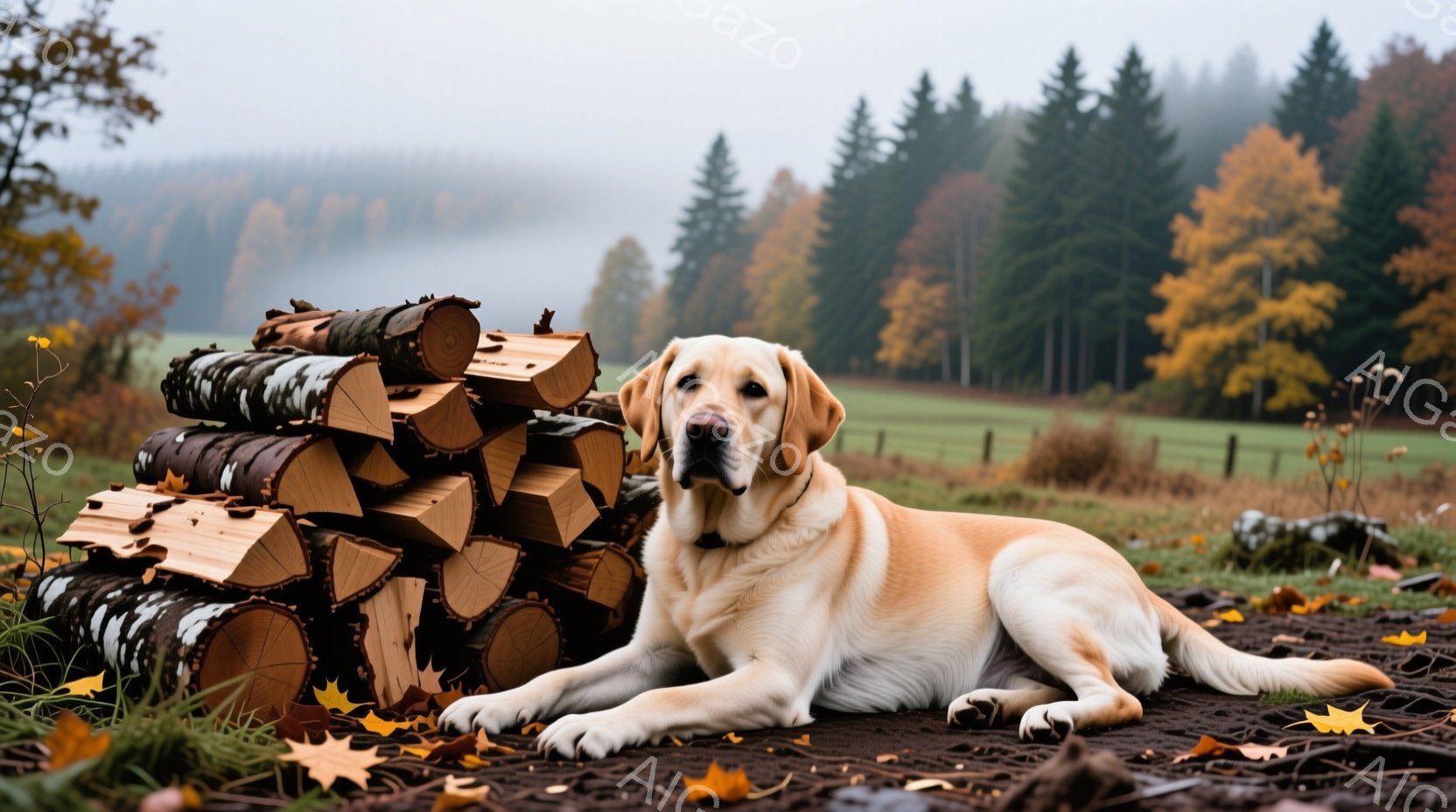 クリーム色のラブラドール・レトリバーが、切り株の山の上に横たわっています。背景には緑の牧草地と、秋の紅葉が美しい森林が広がっており、天候は薄曇りで穏やかな雰囲気です。落ち葉が散らばる地面と、犬の落ち着 - AI生成フリー素材