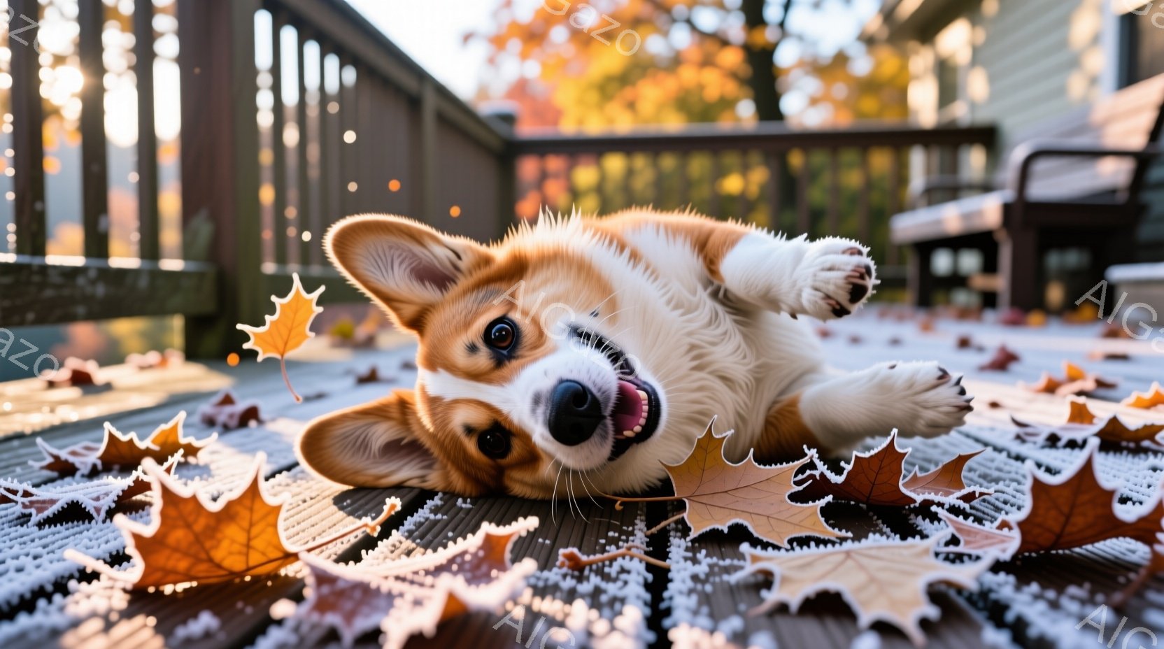 温かい色の木製のデッキに、コーギー犬が仰向けになり、嬉しそうに笑っています。周りには落ち葉が散らばり、犬の周りを飾り立てています。背景には木製の柵とぼやけた建物が見え、秋の穏やかで幸せな雰囲気を醸し出 - AI生成フリー素材