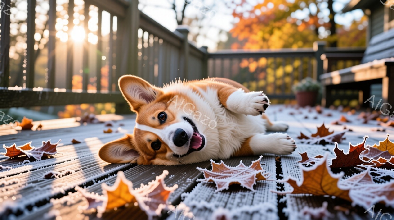 オレンジ色の短い毛並みを持つコーギー犬が、木のデッキの上で仰向けに寝そべっています。周りには紅葉の葉が散りばめられており、犬は嬉しそうに口を開けて微笑んでいます。背景には、秋の木々と柔らかな日差しが見 - AI生成フリー素材