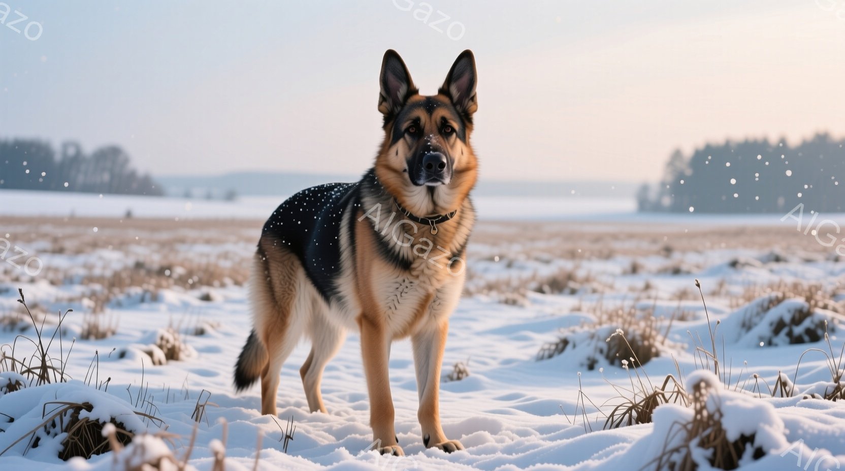 鮮やかな毛並みのジャーマンシェパードが雪景色の中で堂々と立っている。背景にはうっすらと木々が見え、遠くには雪に覆われた丘が広がっている。全体的に静かで穏やかな雰囲気が漂い、冬の寒さの中での力強さを感じ - AI生成フリー素材