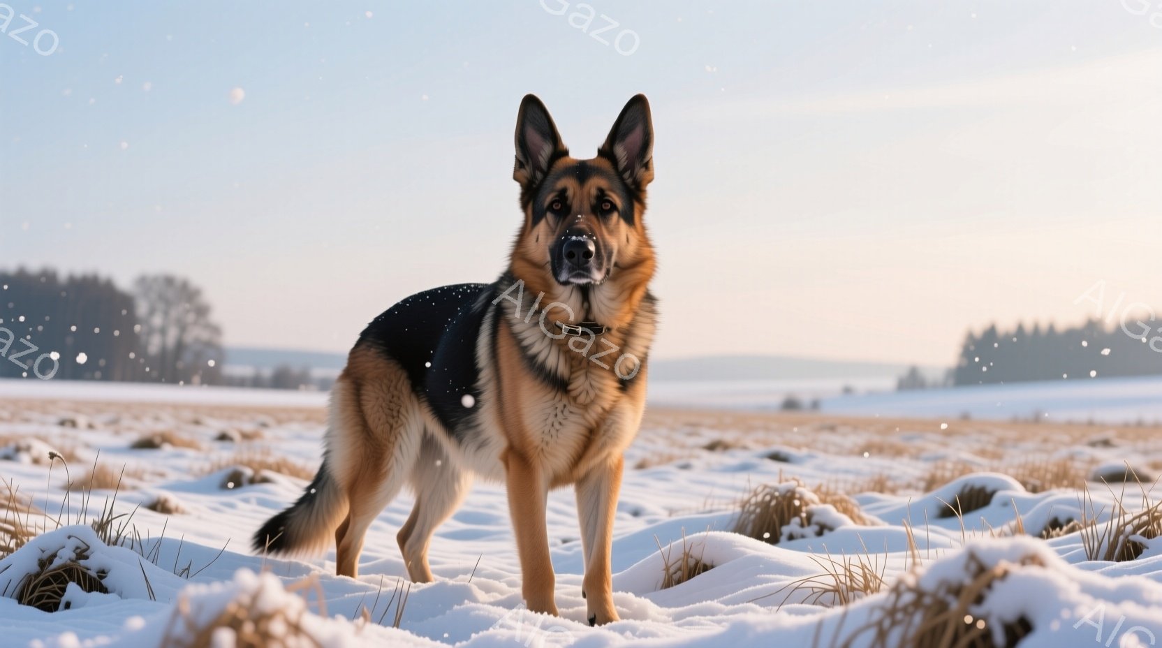 雪景色の中に、美しいジャーマンシェパードが凛々と立っている。毛並みは光沢があり、筋肉質な体格がよくわかる。背景には雪に覆われた草地と、遠くに見える森林が広がっており、穏やかで静寂な雰囲気を醸し出してい - AI生成フリー素材