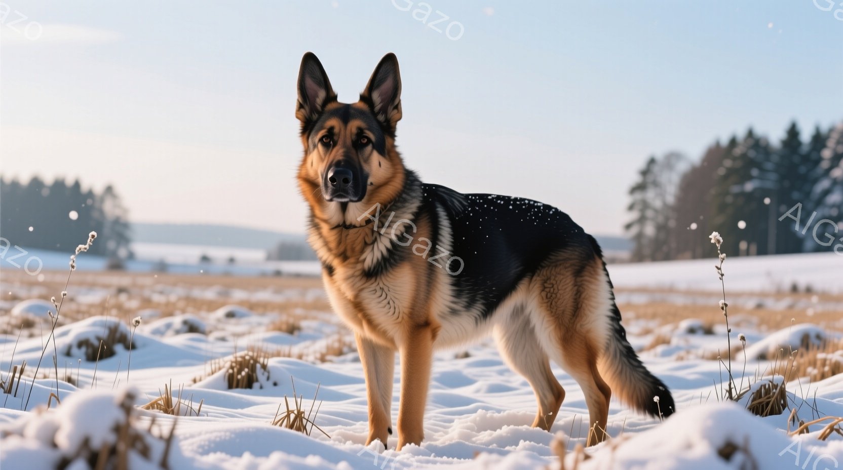 鮮やかな雪景色の中に、ドイツシェパード犬が立っている。犬は黒と茶色の毛並みで、凛とした表情で正面を見つめている。背景には枯れた草や遠くの森林が見え、雪が舞う冬の穏やかな雰囲気が漂っている。 - AI生成フリー素材