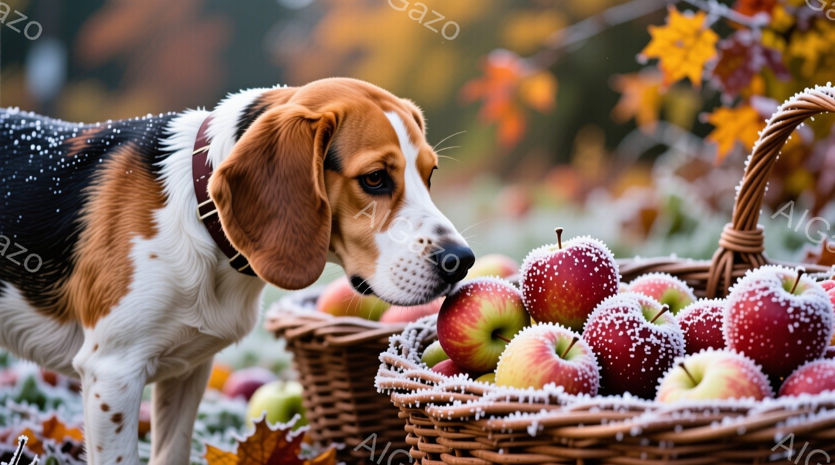 白と茶色の毛並みを持つビーグル犬が、霜で覆われた赤いリンゴがたくさん入ったバスケットに鼻を近づけています。背景には、鮮やかな秋色の葉が散りばめられた自然豊かな風景が広がり、冷たい空気と秋の収穫の雰囲気 - AI生成フリー素材