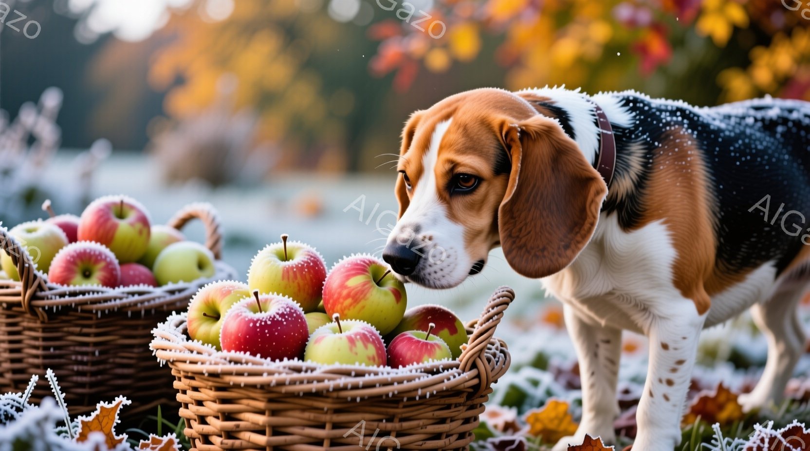 鮮やかな赤いリンゴがバスケットいっぱいに盛られた、秋の風景が広がっています。ビーグル犬が鼻をリンゴに近づけ、興味津々とした表情で匂いを嗅いでいます。背景には、霜で覆われた落ち葉が広がり、冷たい空気と暖 - AI生成フリー素材