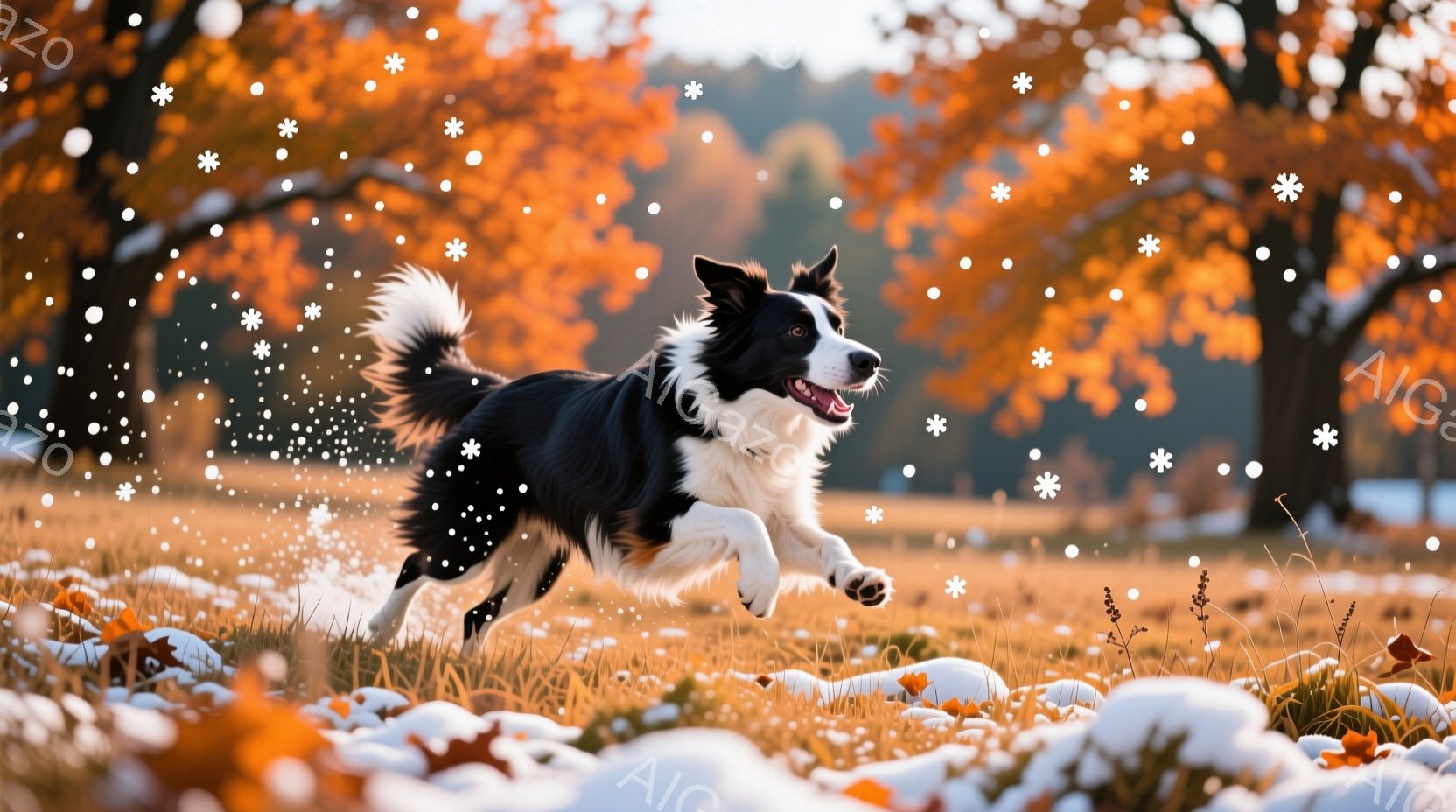黒と白のボーダーコリーが、秋の草原を勢いよく駆け抜けている。背景には鮮やかな紅葉の木々と、柔らかな光が差し込む暖かい雰囲気を感じさせる自然が広がっている。犬は口を開けて楽しそうに走り、その躍動感と秋の色彩が調和した、生き生きとした一枚である。