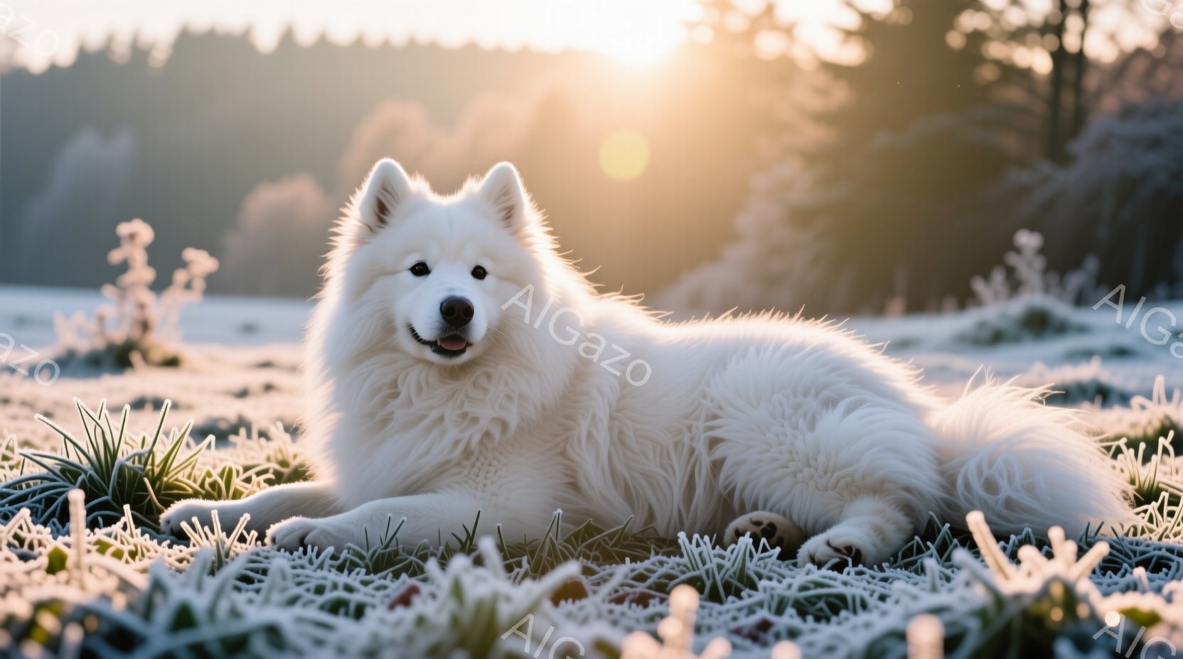 白い毛並みの大きな犬が、霜が降りた草原に横たわっています。穏やかな表情でカメラを見つめており、背景にはぼやけた木々と朝日の光が広がっています。全体的に静かで平和な、冬の朝の雰囲気が漂っています。 - AI生成フリー素材