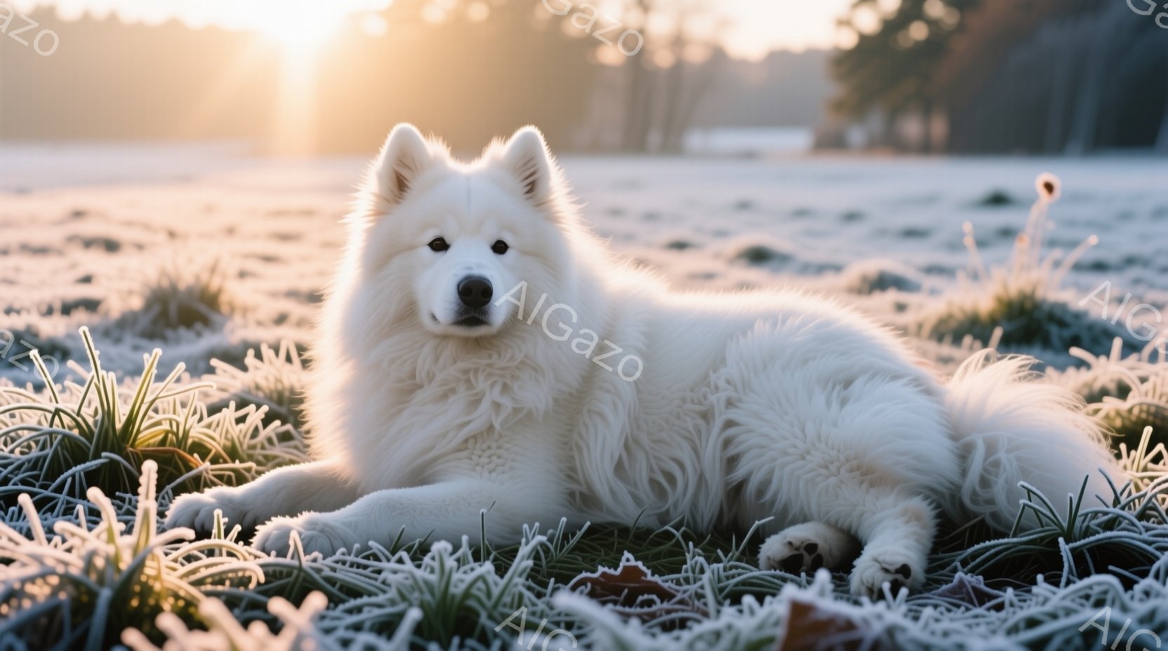 白い毛並みの大型犬が、霜が降りた草原に横たわっています。犬は穏やかな表情で正面を見つめ、冬の朝日に照らされています。背景には木々がぼやけて見え、全体的に静かで幻想的な雰囲気が漂っています。