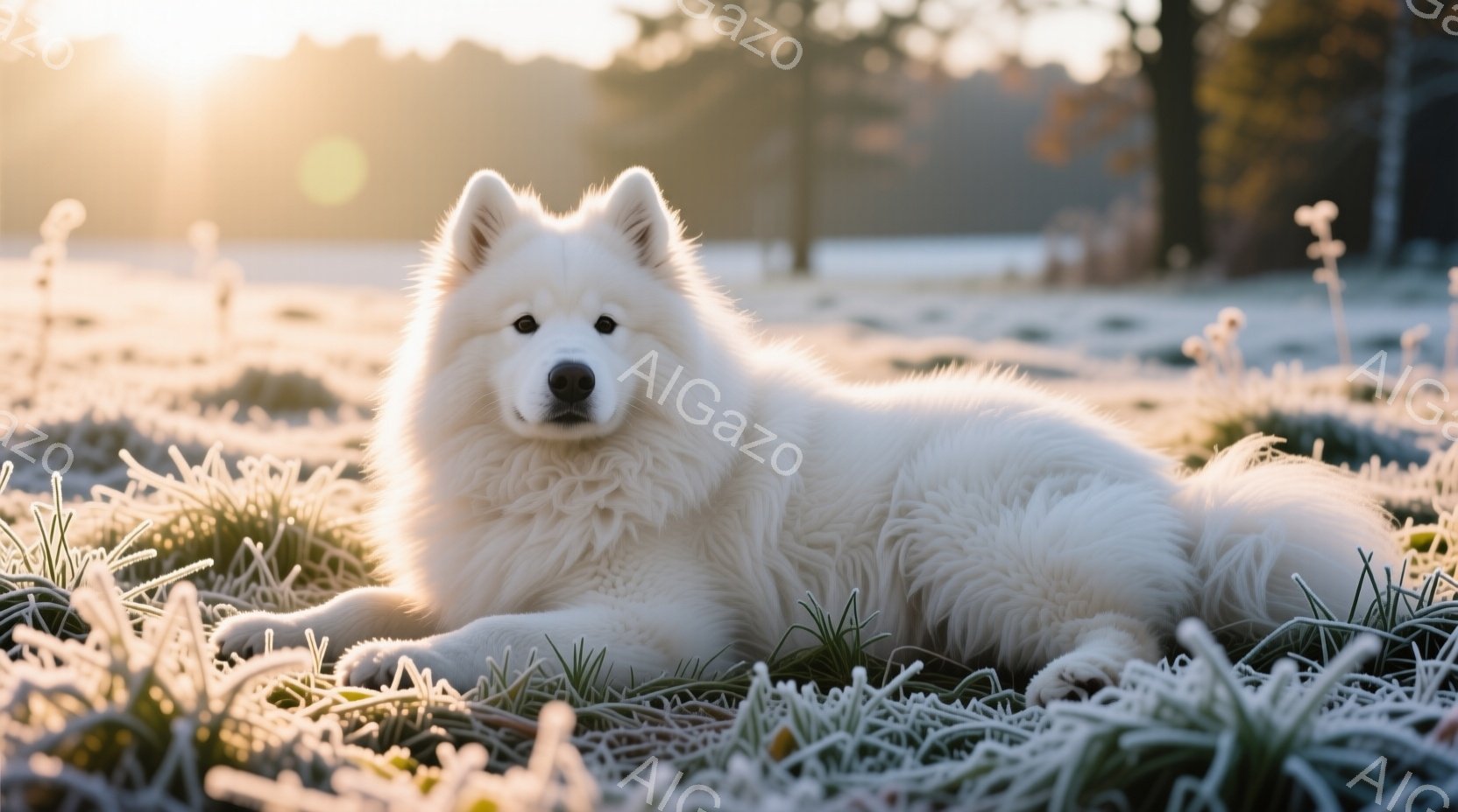 白い毛並みの大型犬が、霜が降りた草原に横たわっています。犬は正面を見ており、穏やかでリラックスした表情をしています。背景にはぼやけた木々と朝日の光が差し込み、静かで穏やかな雰囲気を醸し出しています。