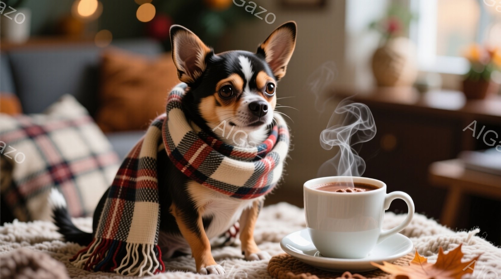 小さなチワワが、赤と白のチェック柄の暖かいスカーフを巻いています。その表情は少し控えめで、可愛らしいです。背景にはぼやけた室内が広がり、暖炉の光と秋らしい葉が散りばめられた、穏やかで居心地の良い雰囲気が漂っています。
