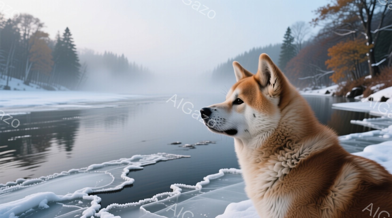柴犬が凍った湖のほとりに座り、遠くを見つめている。背景には霧のかかった森林が広がり、冬の静寂な雰囲気を醸し出している。湖面には氷が張り、柴犬の周りには雪が積もり、冬の寒さと美しさを表現している。 - AI生成フリー素材