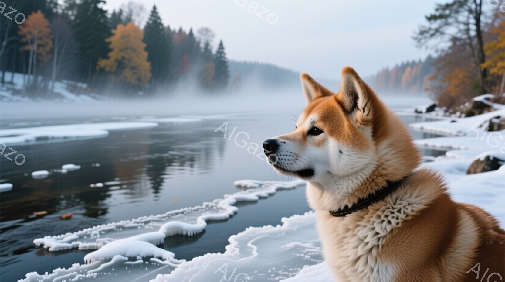 濃い赤褐色の秋田犬が、凍り付いた湖のほとりで横を向いています。犬は首輪をつけており、どこか遠くを見つめる真剣な表情をしています。背景には霧のかかった冬の森林が広がり、湖面には氷の破片が浮かび、静かで冷 - AI生成フリー素材