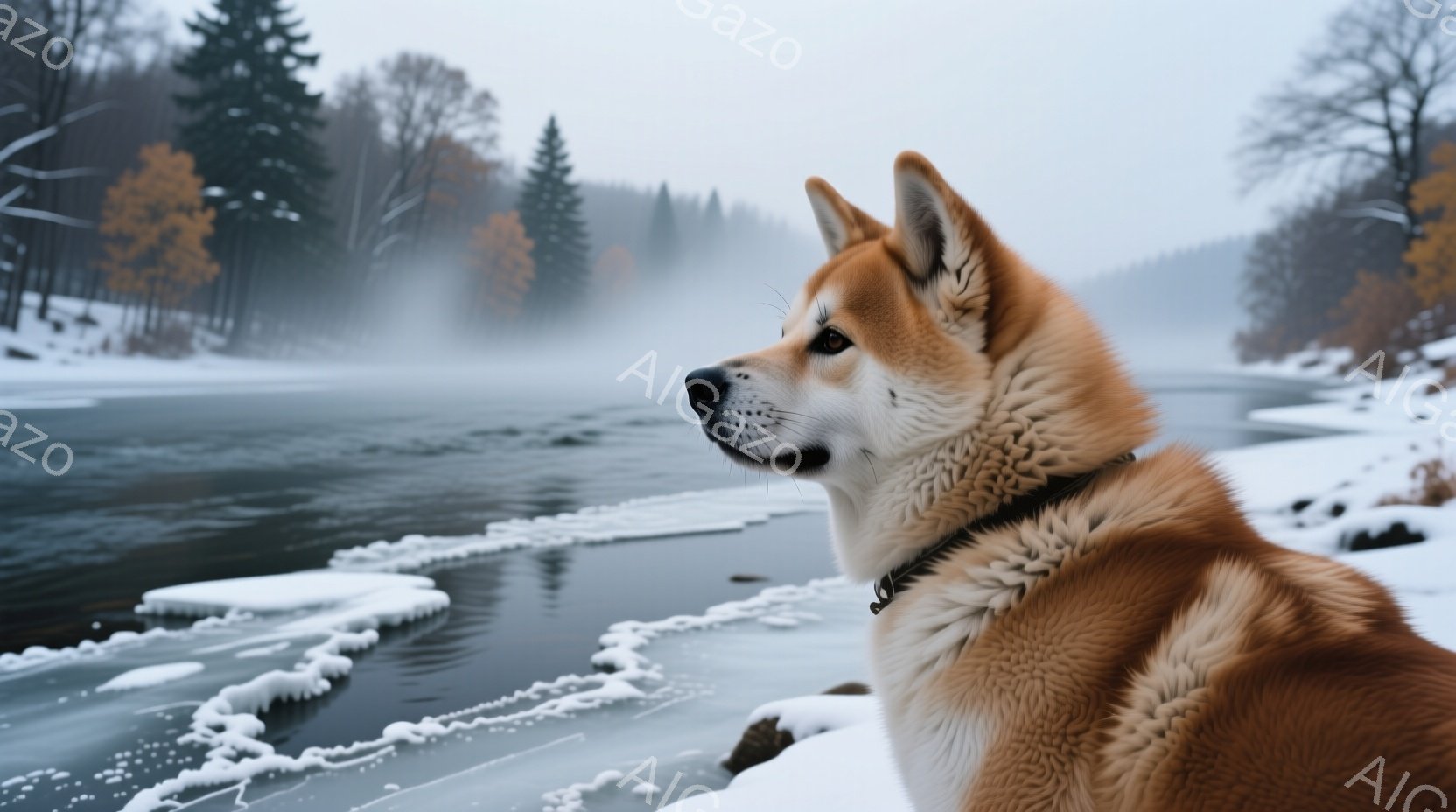 柴犬が雪景色の中で、凍った川岸を見つめている。犬は茶色の毛並みで、首輪をつけており、凛々しい横顔を見せている。背景にはうっすらと霧がかかった木々が広がり、冬の静寂な雰囲気を醸し出している。