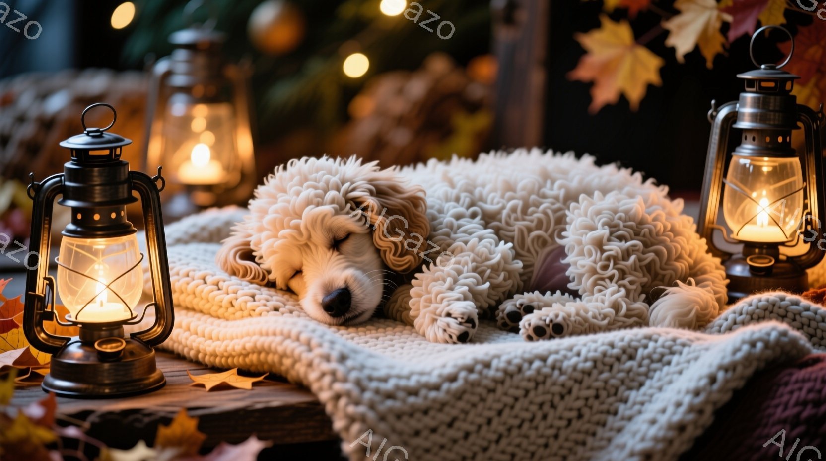 ふわふわのクリーム色の犬が、ざっくり編まれたオフホワイトの毛布の上で丸まって眠っています。背景には、落ち葉と点灯したランタンがいくつかあり、暖かく穏やかな秋の雰囲気を醸し出しています。犬の足元には、赤 - AI生成フリー素材