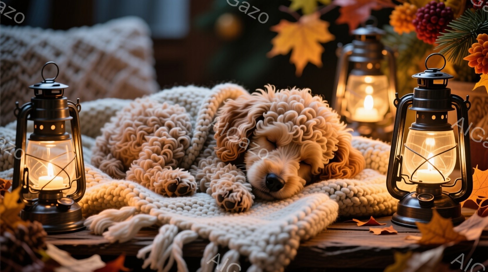 ふわふわのクリーム色の犬が、ざっくり編まれたクリーム色のブランケットに寄り添って眠っています。左右には明かりが灯されたアンティーク風のランタンが置かれ、背景には落ち葉と秋らしい装飾が見えます。全体的に - AI生成フリー素材