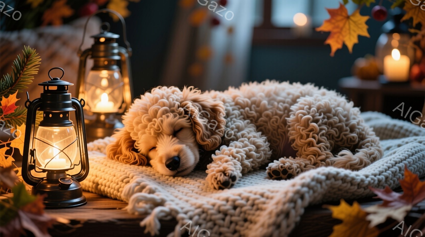 柔らかいクリーム色の毛並みを持つ子犬が、ざっくりとした編み物のブランケットの上で丸まって眠っています。背景には、秋の葉や、温かい光を放つランタン、キャンドルが見え、全体的に穏やかで居心地の良い雰囲気が - AI生成フリー素材
