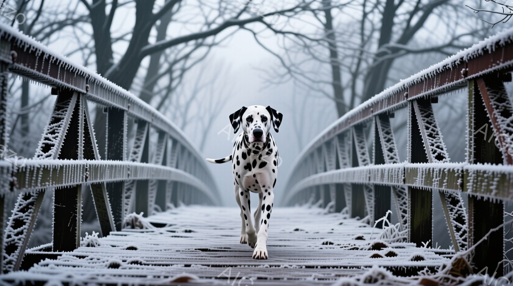 白地に黒い斑点模様のダルメシアンが、雪と氷で覆われた木製の橋の中央をまっすぐこちらに向かって歩いてくる様子が捉えられています。背景は霧に包まれた冬の森で、橋全体が霜で覆われ、幻想的な雰囲気を醸し出して - AI生成フリー素材