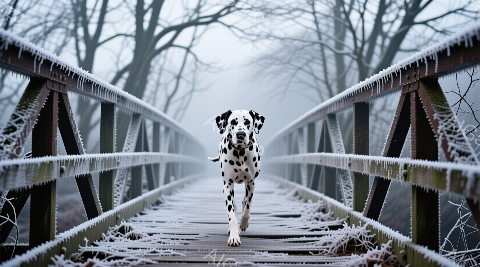 白地に黒い斑点模様のダルメシアンが、霜で覆われた木製の橋の中央をまっすぐこちらに向かって歩いてくる。背景は霧に包まれた森林で、木々は霜で白く覆われている。全体的に寒々とした冬の雰囲気で、橋の霜がその季 - AI生成フリー素材