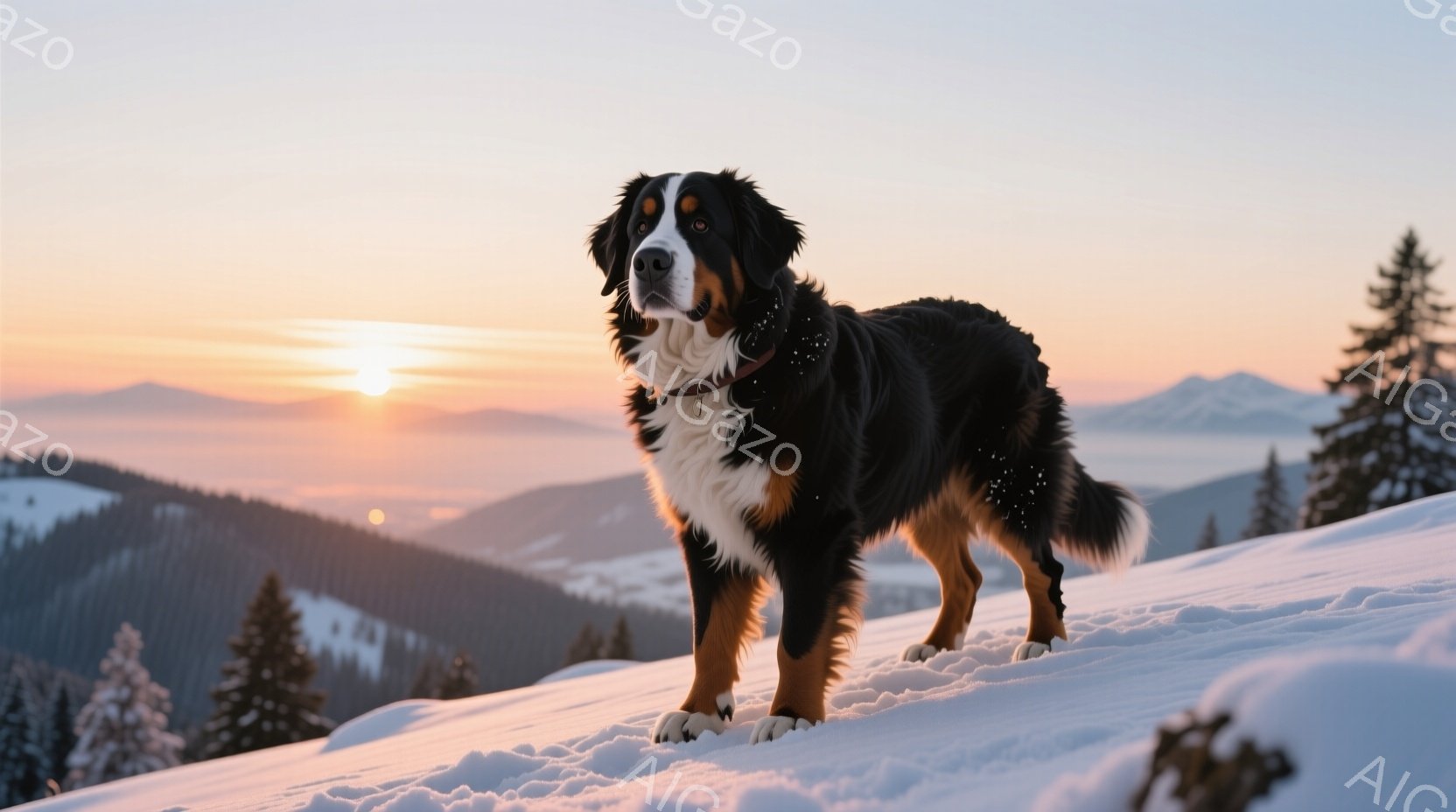 雪に覆われた山頂に、バーニーズ・マウンテン・ドッグが立っている。犬は黒、白、茶色の毛並みで、堂々とした姿勢でカメラを見つめている。背景には、夕焼けに照らされた雪山が広がり、暖かく幻想的な雰囲気を醸し出 - AI生成フリー素材