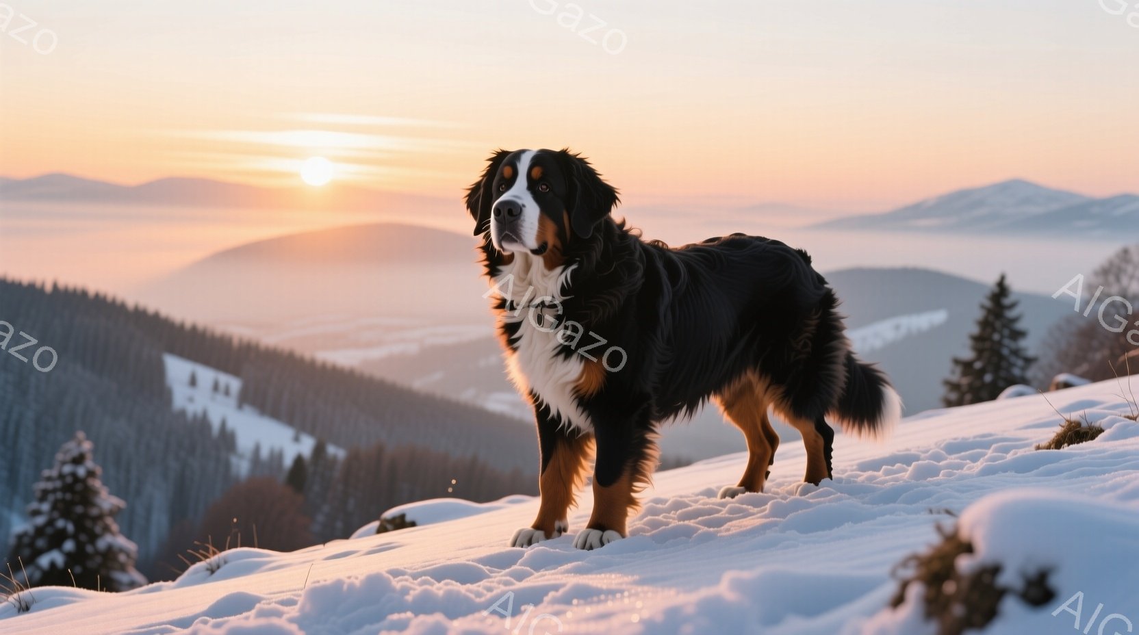 白と黒の大きな犬が雪景色の中に立っている。背景には、太陽の光が差し込む山々や、霧に包まれた谷が見える。犬は自信に満ちた表情で、力強く、堂々とポーズをとっている。 - AI生成フリー素材