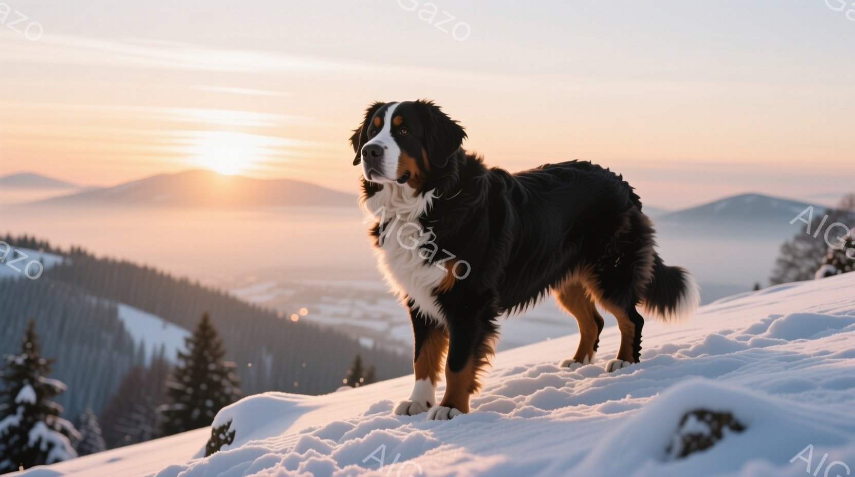 雪を背景に、ベルン山犬が力強く立っている。犬は黒、白、茶色の毛並みで、雪原を見下ろすように姿勢高く、凛とした表情を見せている。遠景には雪をまとった山々が連なり、夕焼けのオレンジ色が空と雪景色を優しく照 - AI生成フリー素材