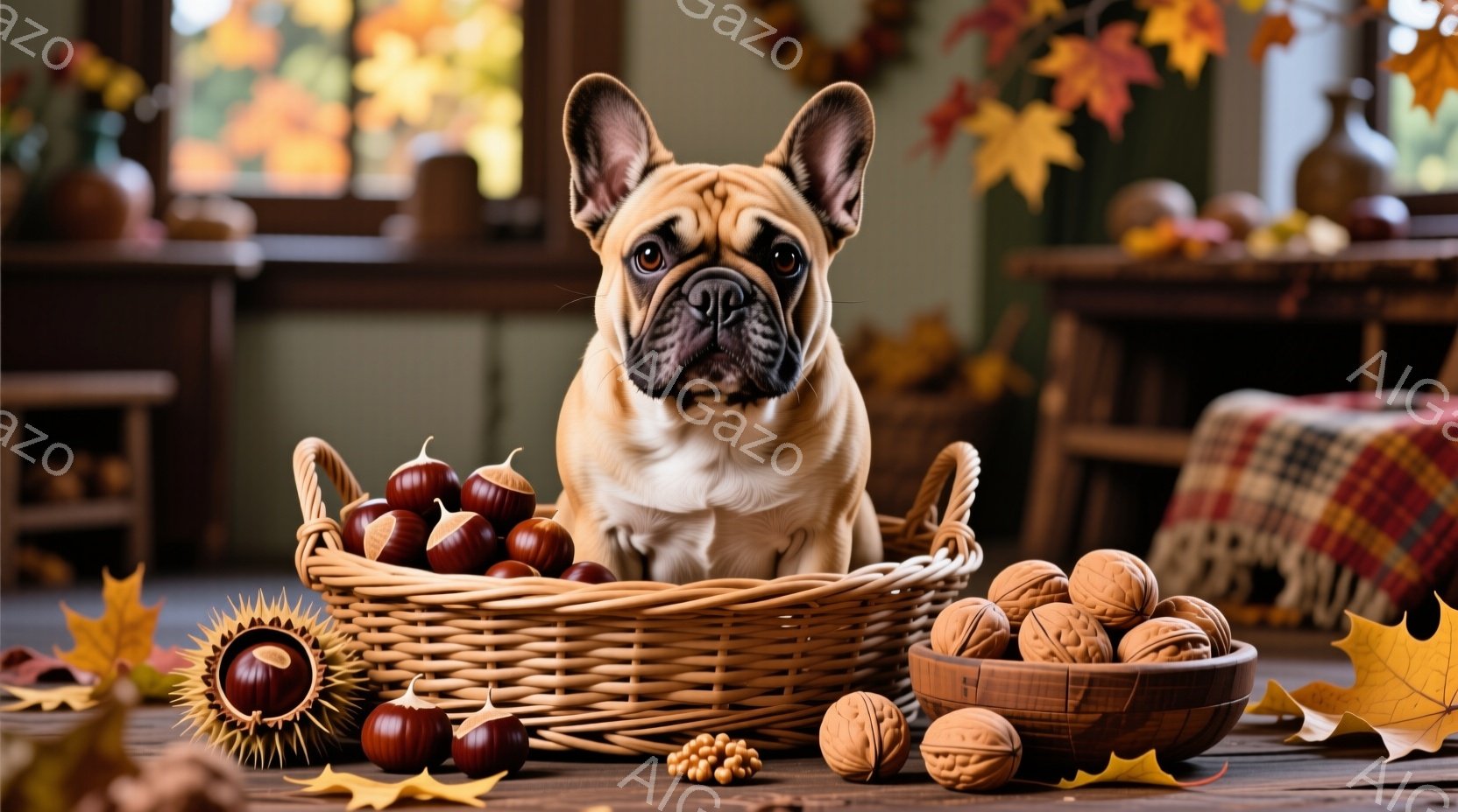 暖炉のある部屋で、可愛らしいフレンチブルドッグが栗とクルミに囲まれています。犬は正面を見つめ、好奇心と落ち着きのある表情をしています。背景には紅葉した葉が飾られ、秋の温かく穏やかな雰囲気を醸し出してい - AI生成フリー素材