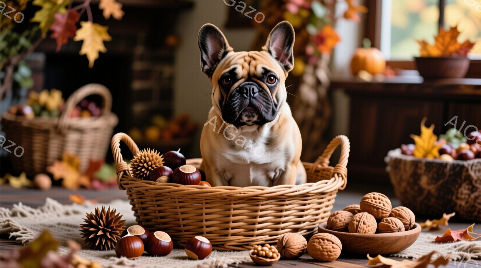 籐編みの籠の中に、愛らしいフレンチブルドッグがちょこんと座っています。籠の中には栗やどんぐりが散りばめられ、その周りにも散らばって秋の雰囲気を演出しています。背景には、他の籠と秋らしい飾り付けが見え、 - AI生成フリー素材