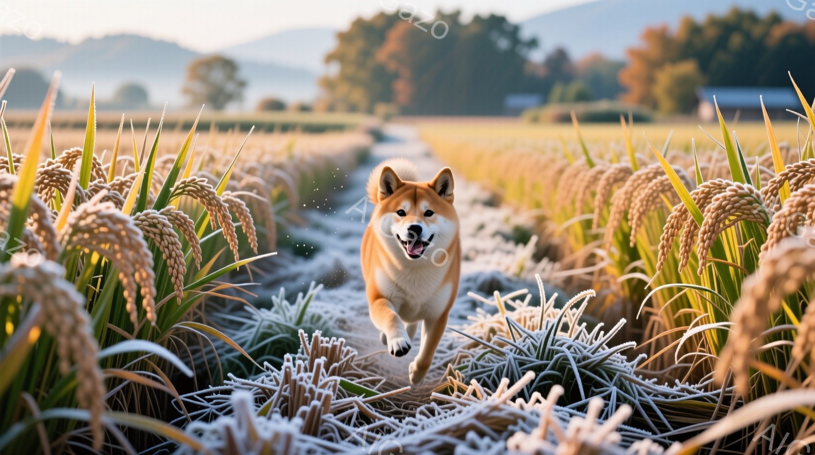 黄金色に輝く稲穂が立ち並ぶ田んぼの中を、柴犬が勢いよく駆けている。犬は口を開けて楽しそうに笑っており、その表情は活気に満ちている。背景にはうっすらと山並みが見え、朝日の光が柔らかく全体を照らし、穏やか - AI生成フリー素材