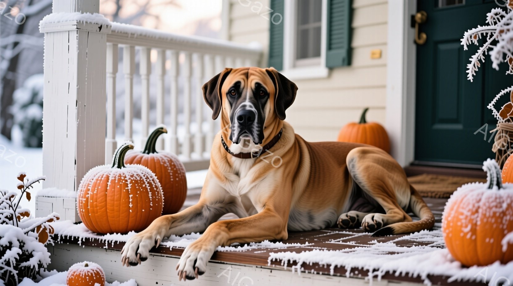 大きな犬が家の玄関の階段に横たわっており、周囲にはオレンジ色のカボチャがいくつか置かれています。犬は茶色と白の毛並みで、落ち着いた表情をしています。背景は雪景色で、冬の穏やかな雰囲気が漂っています。