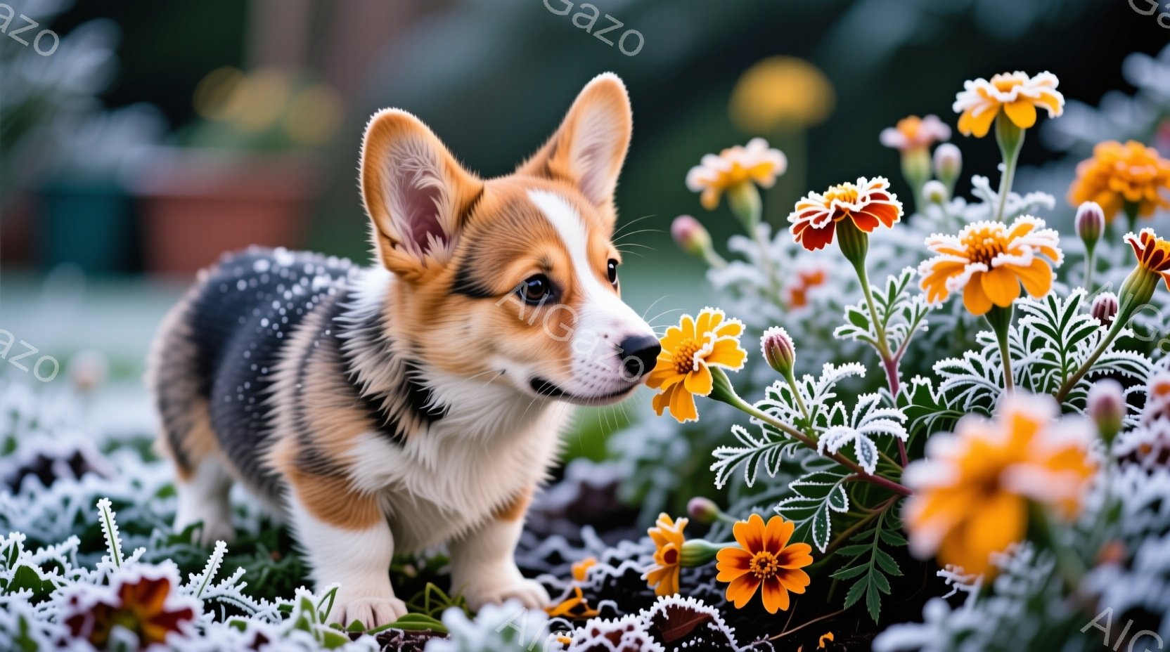 小さなコーギー犬が、鮮やかなオレンジ色の花に鼻を近づけています。周りには白い花が咲き乱れ、背景には緑豊かな植物が見えます。全体的に、暖かく穏やかな雰囲気で、春の訪れを感じさせる可愛らしい光景です。 - AI生成フリー素材