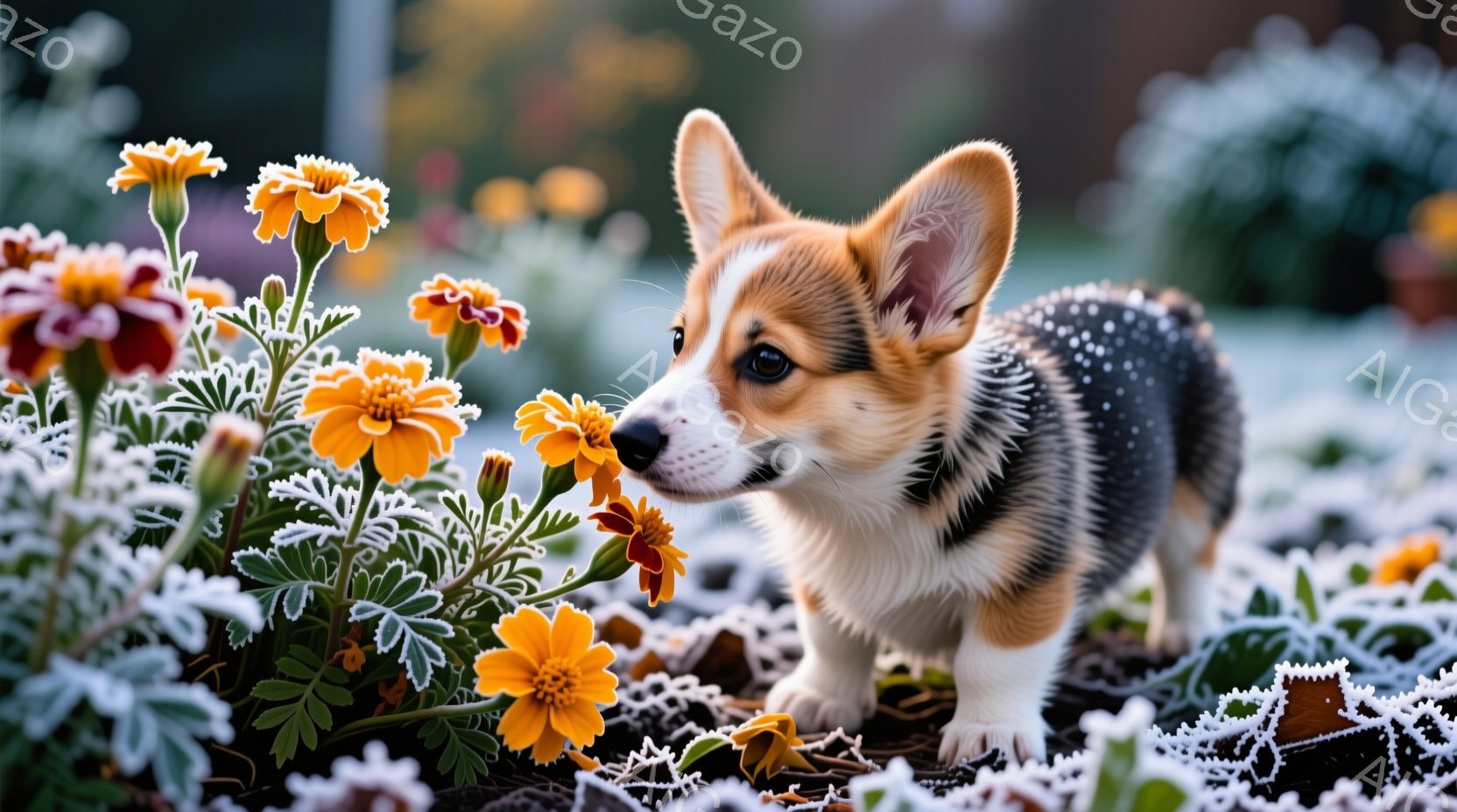 白い霜で覆われた花壇の中で、小さなコーギーの子犬がオレンジ色の花に鼻を近づけています。子犬は好奇心旺盛な表情で、前足を伸ばして慎重に花を調べています。背景にはぼやけた緑の植物と、穏やかな冬の光が差し込 - AI生成フリー素材