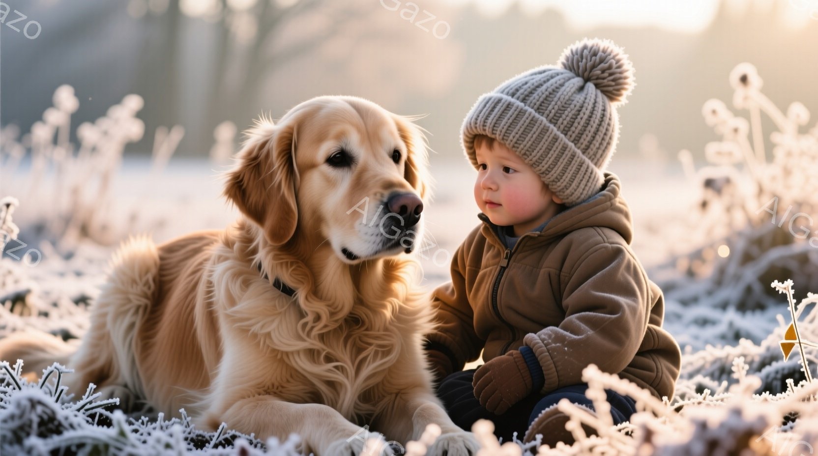 金色のレトリバーが小さな男の子の隣に横たわっています。男の子はニット帽をかぶり、茶色のジャケットと手袋を着ており、少し内気な表情で何かをじっと見つめています。背景は霜で覆われた草地で、朝日に照らされて - AI生成フリー素材