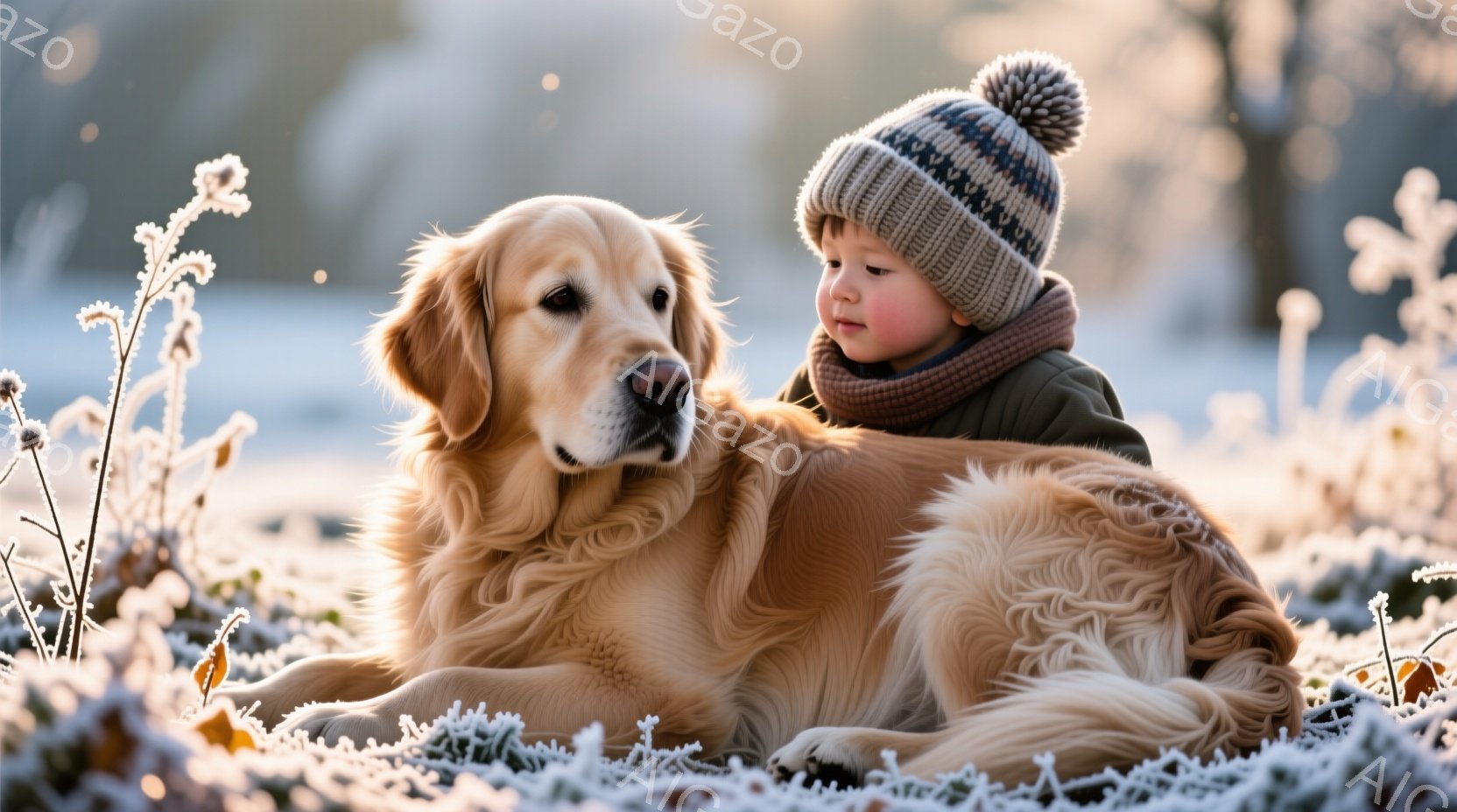 金色のレトリバーが霜で覆われた地面に横たわり、幼い少年が犬に寄り添っています。少年は編み帽とマフラーを着用し、少し不安そうな表情を浮かべています。背景は霜で覆われた植物で、全体的に静かで幻想的な雰囲気 - AI生成フリー素材