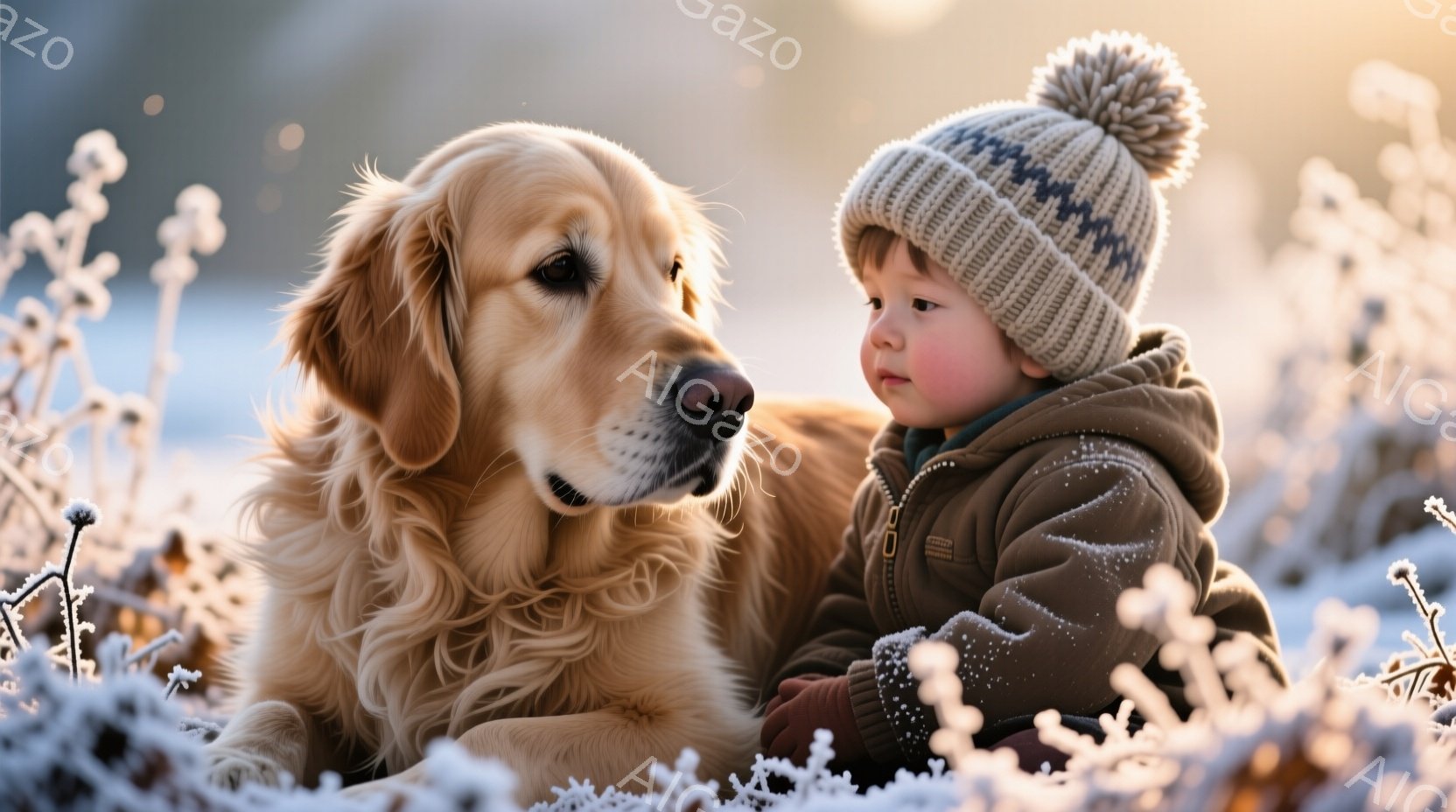 明るい茶色の毛並みを持つゴールデンレトリバーが、白いニット帽をかぶった幼い少年と寄り添っている。少年は茶色のジャケットを着ており、少し上目遣いをしている。背景は霜で覆われた植物で、冬の穏やかな雰囲気を - AI生成フリー素材