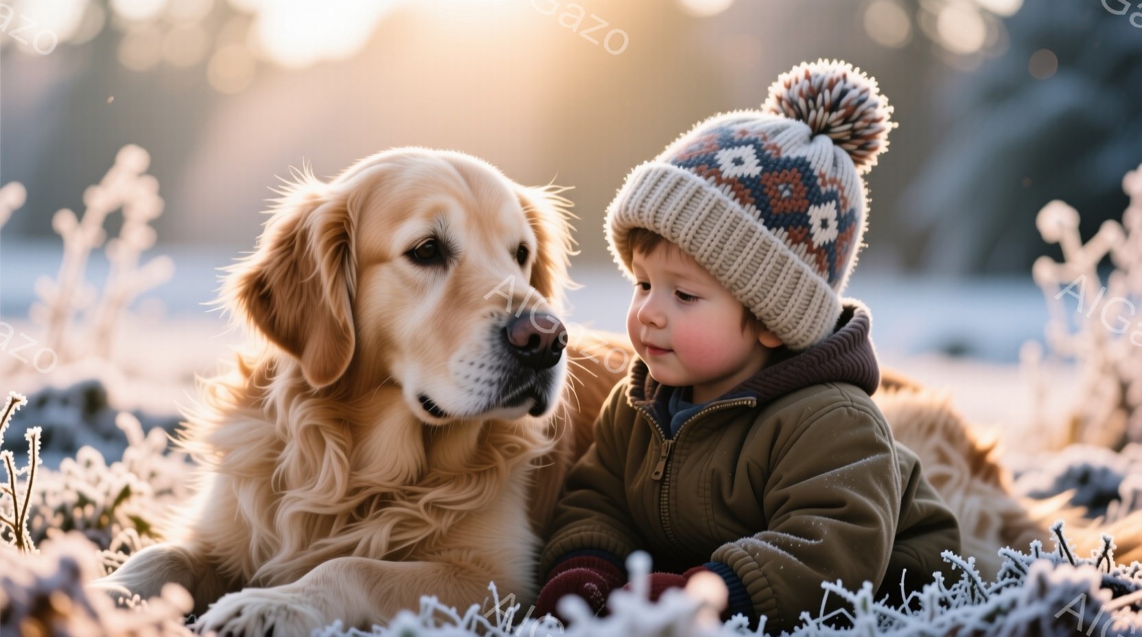 金色のレトリバーと幼い少年が、霜が降りた草原に寄り添って横たわっています。少年は紺色のジャケットに茶色の手袋、そしてカラフルなニット帽をかぶり、穏やかな表情で犬を見つめています。背景は白く霜が降りた草 - AI生成フリー素材