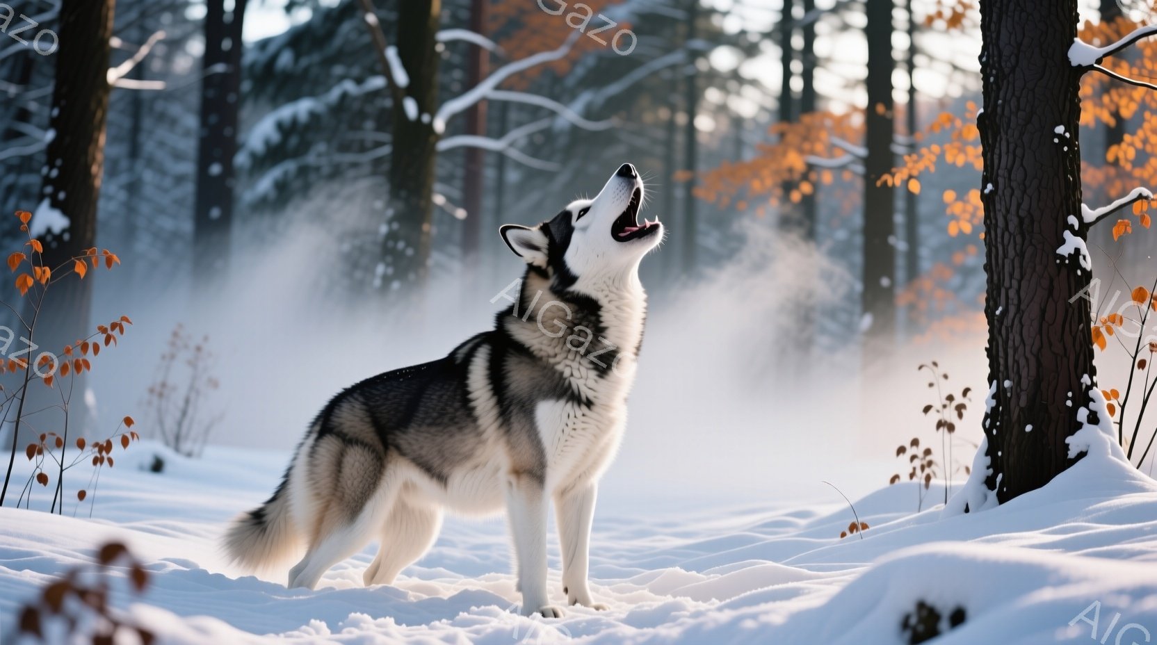 シベリアンハスキーが雪深い森の中で、口を開けて遠吠えをしています。周囲には雪に覆われた木々が生い茂り、背景は白く霞んで冬の静寂な雰囲気を醸し出しています。ハスキーの毛並みは黒と白のコントラストが鮮やか - AI生成フリー素材