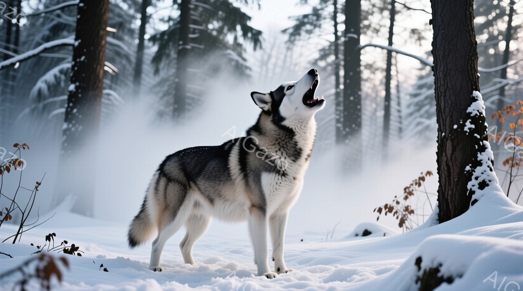 白と黒の毛並みを持つシベリアンハスキーが雪景色の中で遠吠えをしている。背景には雪に覆われた木々が立ち並び、冬の静寂と厳しさを感じさせる。犬の表情は力強く、周囲の雪と木々がその存在感をさらに際立たせている。