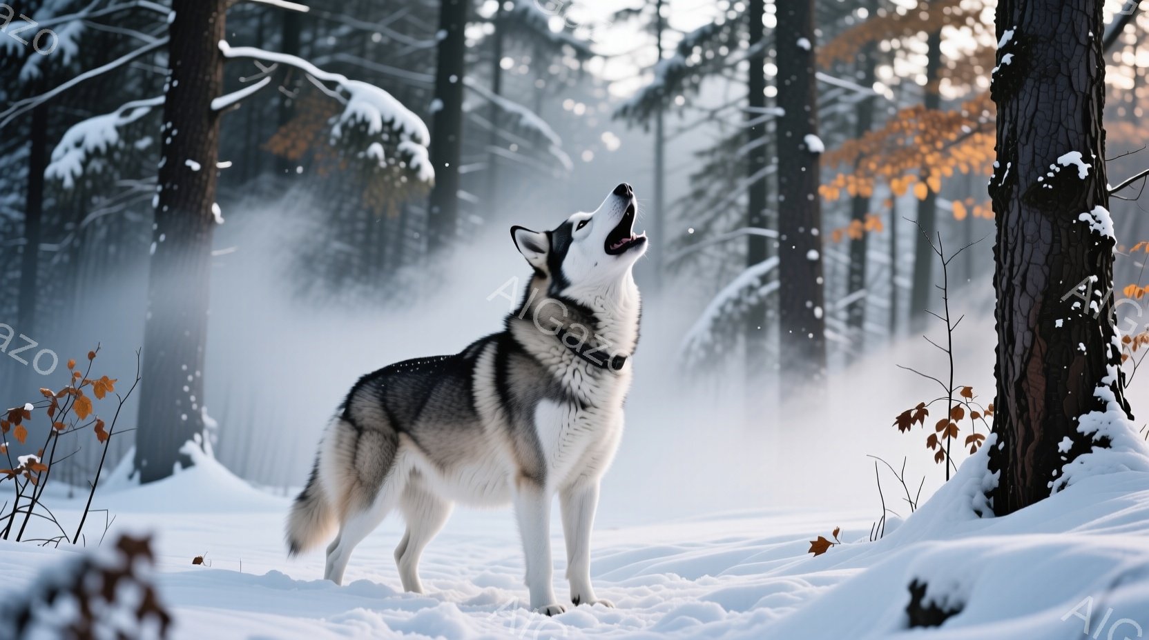 シベリアンハスキーが雪に覆われた森林の中で、口を開けて遠吠えをしている。その姿は力強く、周囲の白い雪景色と鮮やかなコントラストをなしている。背景には雪をまとった木々が立ち並び、幻想的で静寂な冬の雰囲気 - AI生成フリー素材