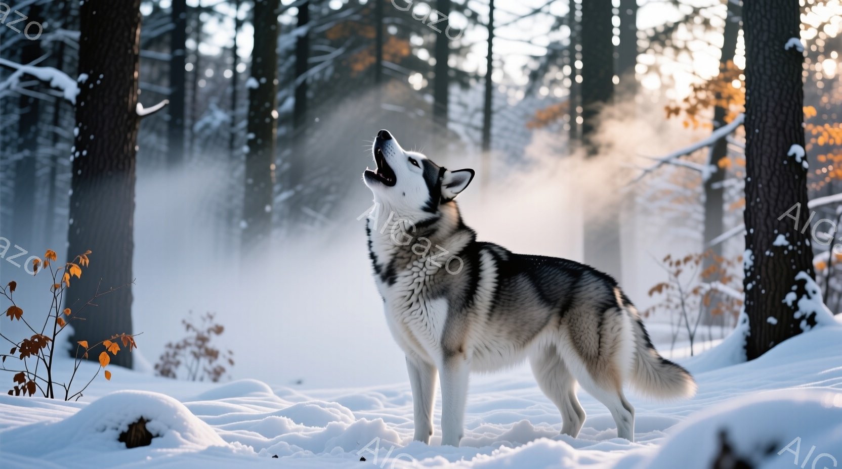 白と黒の毛並みが美しいシベリアンハスキーが、雪に覆われた森の中で、顔を上に向けて大きく吠えている。背景には雪に覆われた木々が立ち並び、空気中には白い息が立ち上っている様子が捉えられている。全体的に、寒々とした冬の森の中で、力強く生きる犬の姿が表現されている。