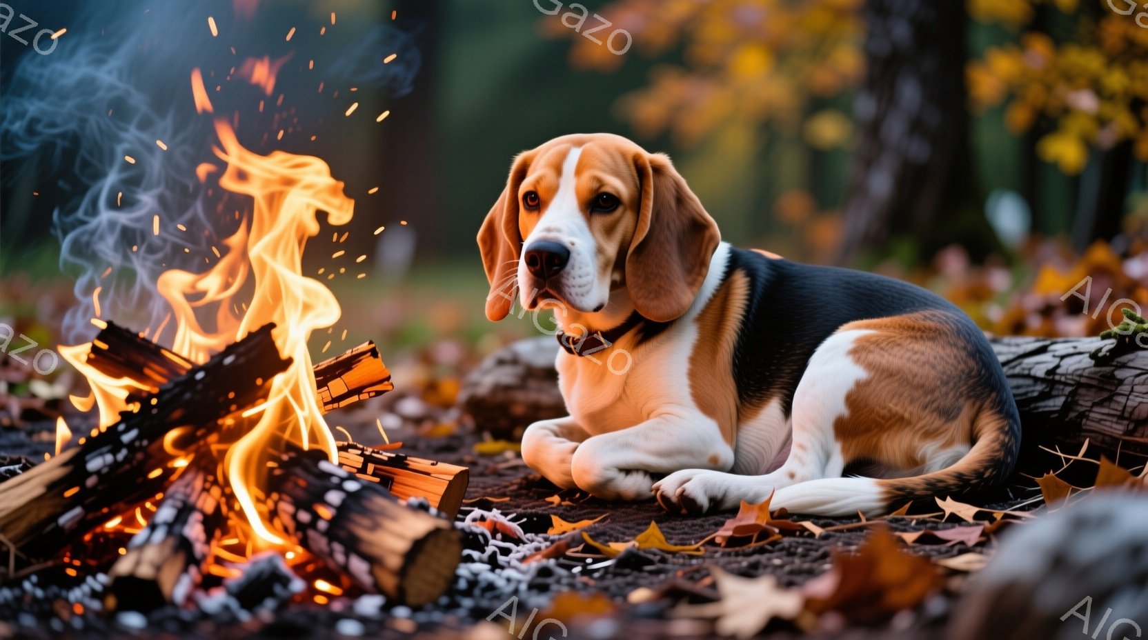 秋の落ち葉が敷き詰められた地面に、ビーグル犬が横たわっています。犬は首輪をつけており、落ち着いた表情で、暖炉の火を見つめています。背景には木々が見え、秋の穏やかで暖かい雰囲気が漂っています。 - AI生成フリー素材