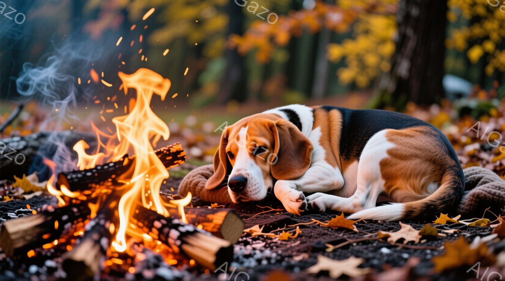 落ち葉と燃え盛る暖炉のそばで横たわるビーグル犬が写っています。ビーグルはリラックスした表情で、暖かい毛布の上に体をゆったりと伸ばしています。背景は秋の森林で、紅葉した木々が暖炉のオレンジ色の光と調和し - AI生成フリー素材