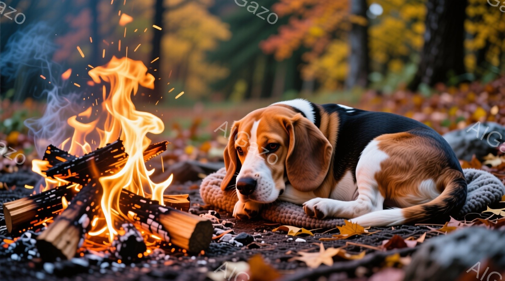 暖炉のそばで、茶色と白のビーグル犬が横たわっている。その犬はリラックスした様子で、暖炉の熱と柔らかい毛布の上でくつろいでいる。背景は秋の森林で、地面は落ち葉で覆われ、暖炉の炎が温かい光を投げかけている - AI生成フリー素材