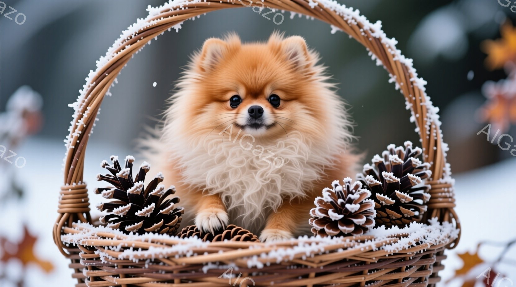ふわふわの茶色のポメラニアンが、雪で覆われた籐製のバスケットの中に座っています。バスケットには松ぼっくりがいくつか置かれ、犬は前足を伸ばして穏やかな表情で正面を見ています。背景は雪景色で、ぼやけた落ち - AI生成フリー素材