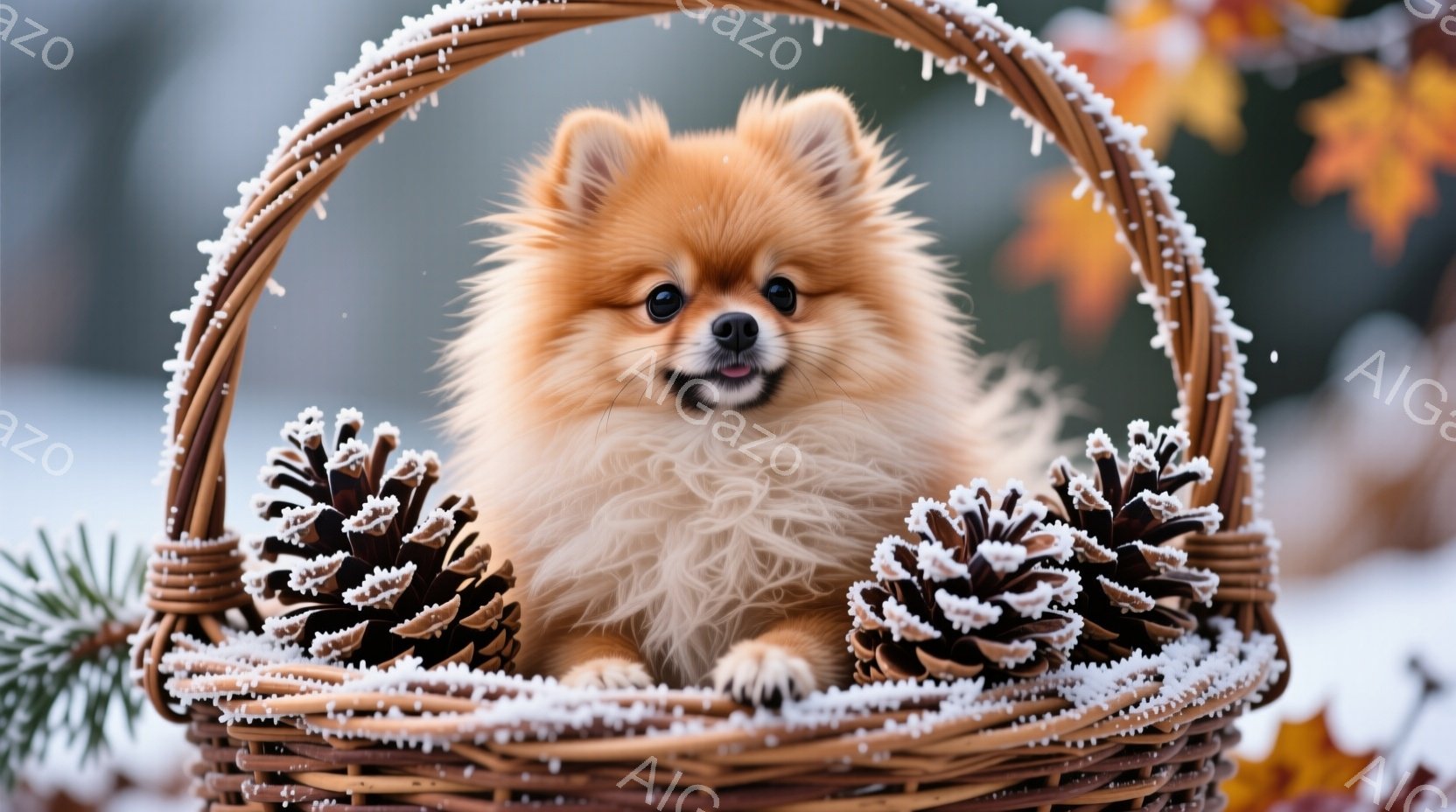 ふわふわの茶色のポメラニアンが、雪で覆われた籠の中に可愛らしく座っています。その周りには、雪が積もった松ぼっくりが飾られ、冬の温かい雰囲気を演出しています。背景にはぼやけた木々と雪景色が広がり、ほのぼ - AI生成フリー素材
