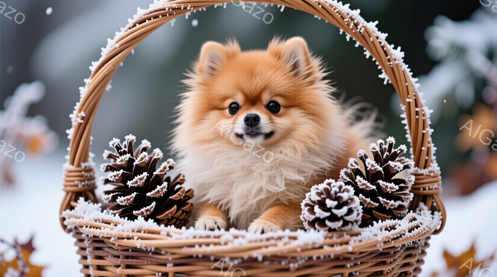 ふわふわのクリーム色の毛並みを持つチワワが、雪で覆われた松ぼっくりとともに編みかごの中に座っています。犬は前足を伸ばし、穏やかな表情でカメラを見つめており、まるで冬の妖精のようです。背景にはぼやけた木々や雪景色が広がり、暖かさと可愛らしさが感じられる、穏やかな冬の雰囲気を醸し出しています。