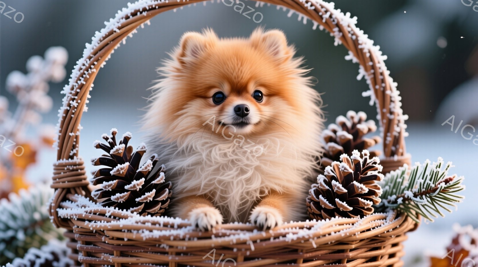 ふわふわのクリーム色のポメラニアンが、雪で覆われた松ぼっくりと共に編まれたバスケットの中に座っています。犬は正面を向き、少し微笑んでおり、その表情は暖かく愛らしいです。背景はぼやけていますが、雪景色の - AI生成フリー素材